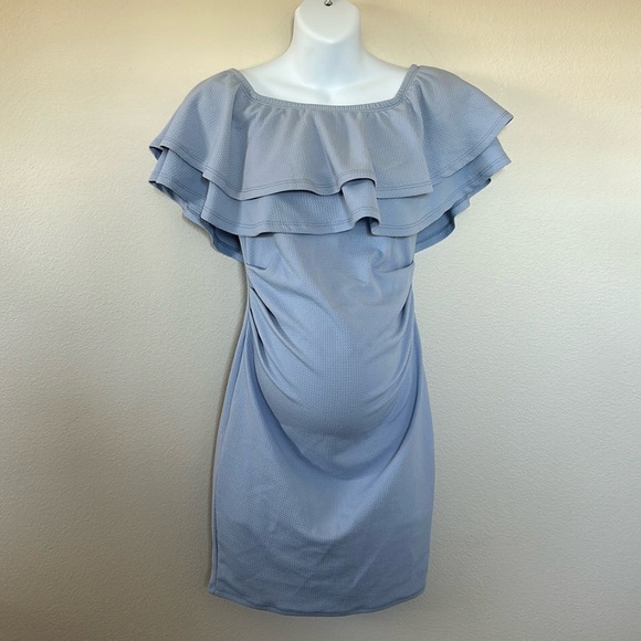 Pinkblush Light Blue Ruffle Off Shoulder Ruched Maternity Mini Dress - Picture 4 of 12